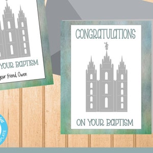 LDS Baptism card Templates-Grey Salt Lake Temple-watercolor background-editable text-printable template or e-card-boy or girl-8th birthday