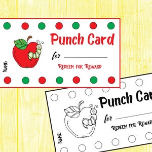 Plantillas de tarjetas PUNCH con lindas manzanas y gusanos, color blanco y negro, gran incentivo para estudiantes, 2 semanas de golpes, descarga digital instantánea