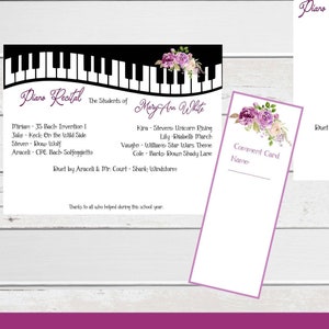 May include: A printable piano recital programme template featuring a black and white piano keyboard design and purple flowers. The programme lists the names of the students and their piano pieces. The text "Piano Recital" is at the top of the programme. The programme also includes a comment card.
