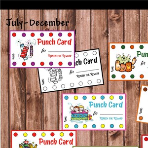 VAKANTIE PUNCH CARD-sjablonen-juli tot en met december-allemaal verschillende kleuren en zwart-wit-gebruik in de klas-muziekstudio-pianostudent-familie-kerk