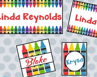 School Tags with Crayons Template-Colorful name & desk tags-students and classroom-Edit names-printable-bus-field trip tags-back to school