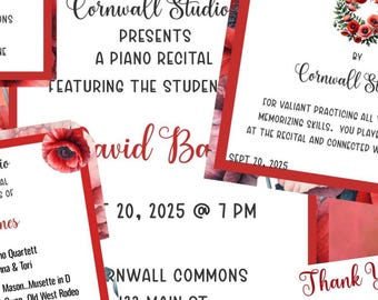 Pretty Poppies Music Recital Package-Invitation-Program-thank you-award certificate-flyer-comment card with red poppies-editable text-poppy