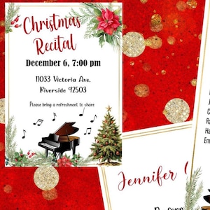 May include: A Christmas recital program with a red background and gold glitter. The program includes the names of the performers and the songs they will be playing. The program also includes a thank you card for the audience and a comment card for feedback.
