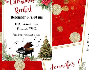 CHRISTMAS PIANO RECITAL Package-Invitation-program-thank you-award certificate-comment card-Pretty poinsettias and piano with notes-editable
