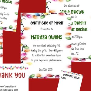 CHRISTMAS LIGHTS RECITAL Package-Invitation-Program-Award Certificate-Poster-Flyer-Thank you-Comment Card-Editable text-Music-Piano Recital