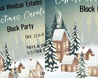 CHRISTMAS CAROLING FLYER-Soft muted tones-snow-trees and a village of houses-Editable text lets you personalize-block party-Santa-chimney