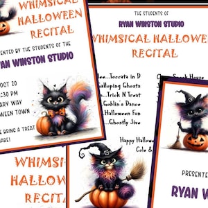 Op de afbeelding: Een grillig Halloween-recitalpakket met uitnodigingen en bedankkaarten. De ontwerpen bevatten een zwarte kat met een heksenhoed, pompoenen en de tekst "Whimsical Halloween Recital" en "Ryan Winston Studio".