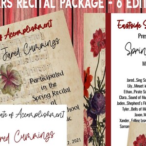 PIANO RECITAL PACKAGE Editable Template-Pretty Wildflowers-Invitations-Recital program-Award Certificates-thank you note-comment card-music