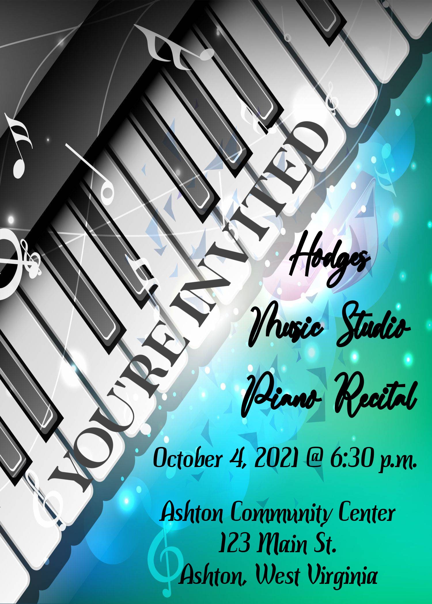 Piano Recital Invitation Printable Template-teal-black &amp; Grey Invite May Be Personalized ...