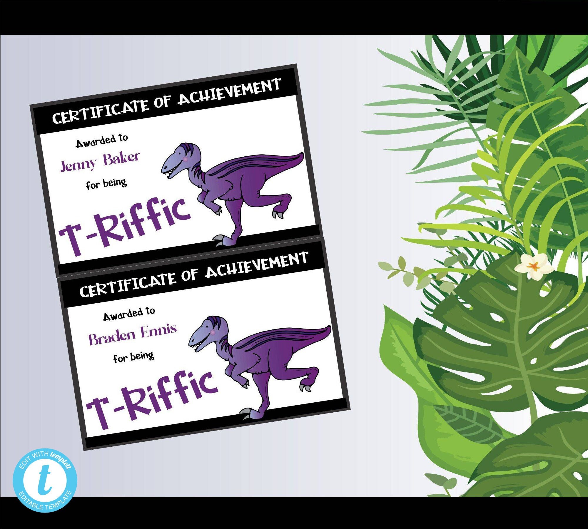 DINOSAUR Award Certificate Template-2 to a page-all text | Etsy