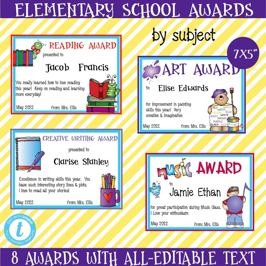 SCHOOL AWARD CERTIFICATES8 Different Subjectsall 7x5editable Textperfect for Teachers of
