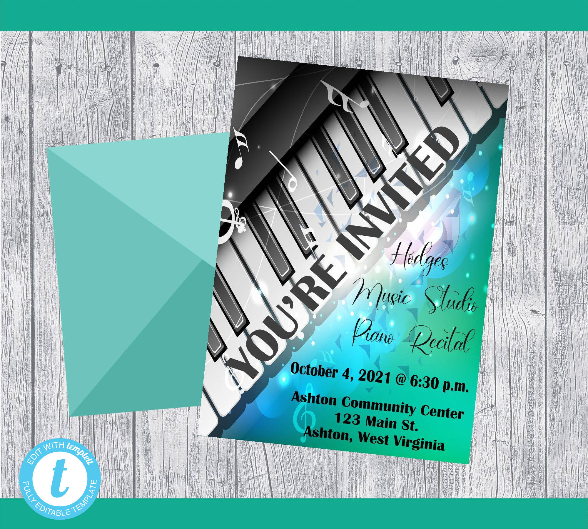 Piano Recital Invitation Printable Template-teal-black &amp; Grey Invite May Be Personalized ...