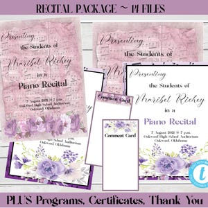 May include: A digital recital package featuring 14 files including programs, certificates, and comment cards. The designs feature purple floral accents, musical notation backgrounds, and text reading Presenting the Students of Maribel Richey.