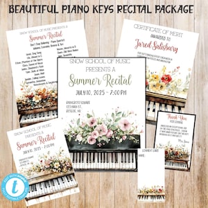 May include: Printable templates for a summer recital, featuring piano keys and floral arrangements. The designs include a recital program, certificates, and thank you cards. The text includes the date, time, and location of the event.