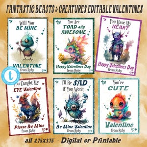 FANTASTIC BEASTS-CREATURES-Valentine Templates-all editable text-girl or boy valentine-digital or printable-fantasy-magical-ogre-magic-cute