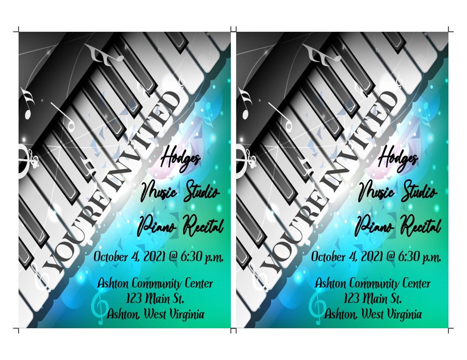 Piano Recital Invitation Printable Template-teal-black &amp; Grey Invite ...