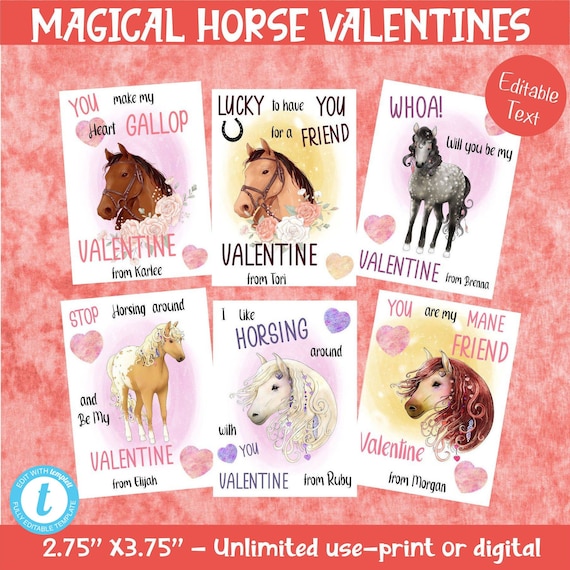 6 MAGICAL HORSE VALENTINE Card Templates-horse Valentine | Etsy