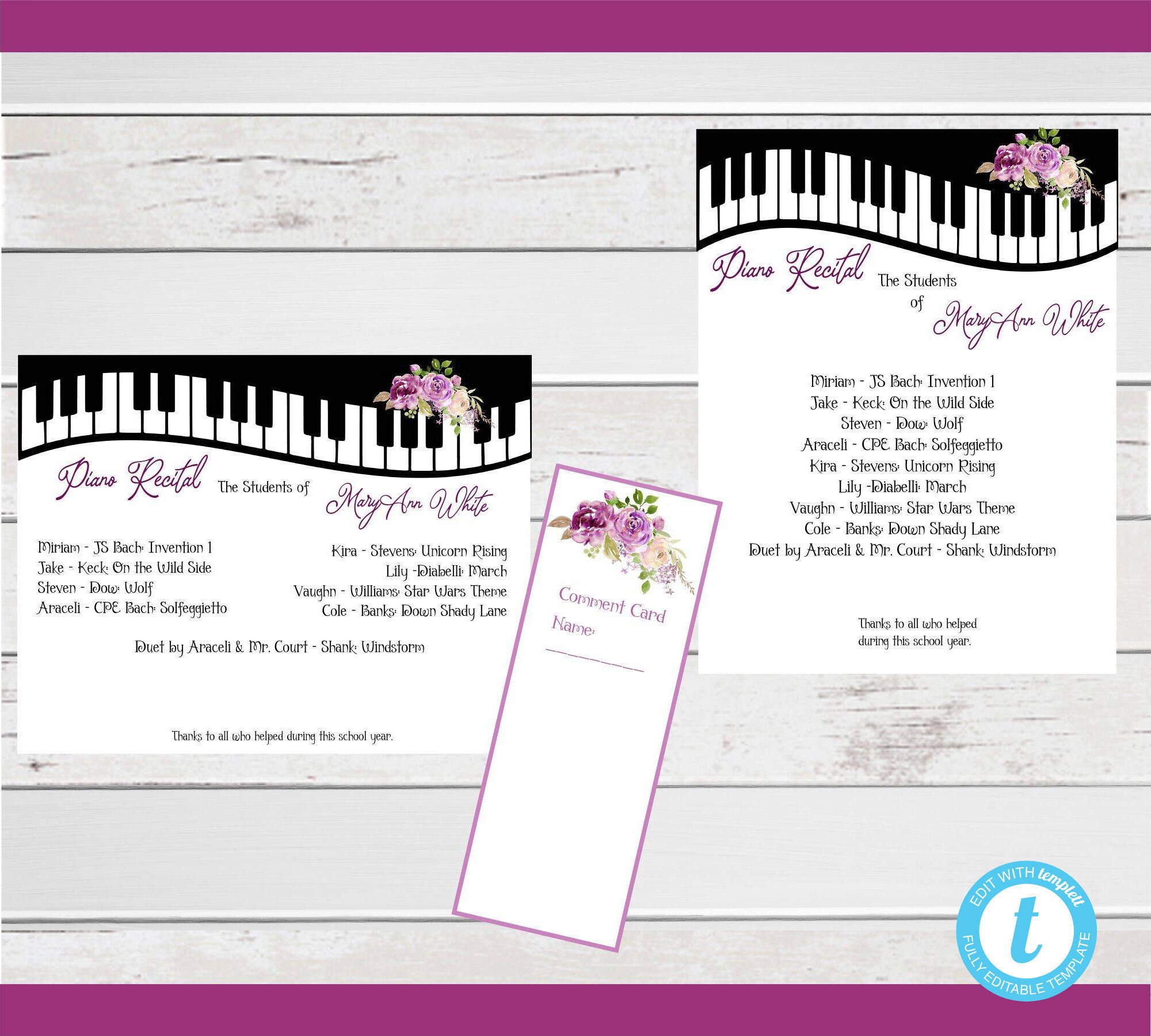 PIANO RECITAL Program & Comment Cardcurvy Keyboard and Pretty Lavender