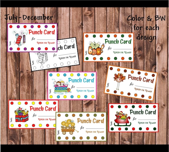 HOLIDAY PUNCH CARD Templates-july Thru Dec-all Different-color and Black &  White-use in Classroom Music Studio-piano Student-family-church 