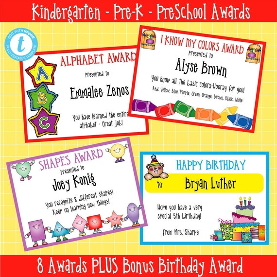 KINDERGARTEN AWARD CERTIFICATES9 Different Awardsall Etsy