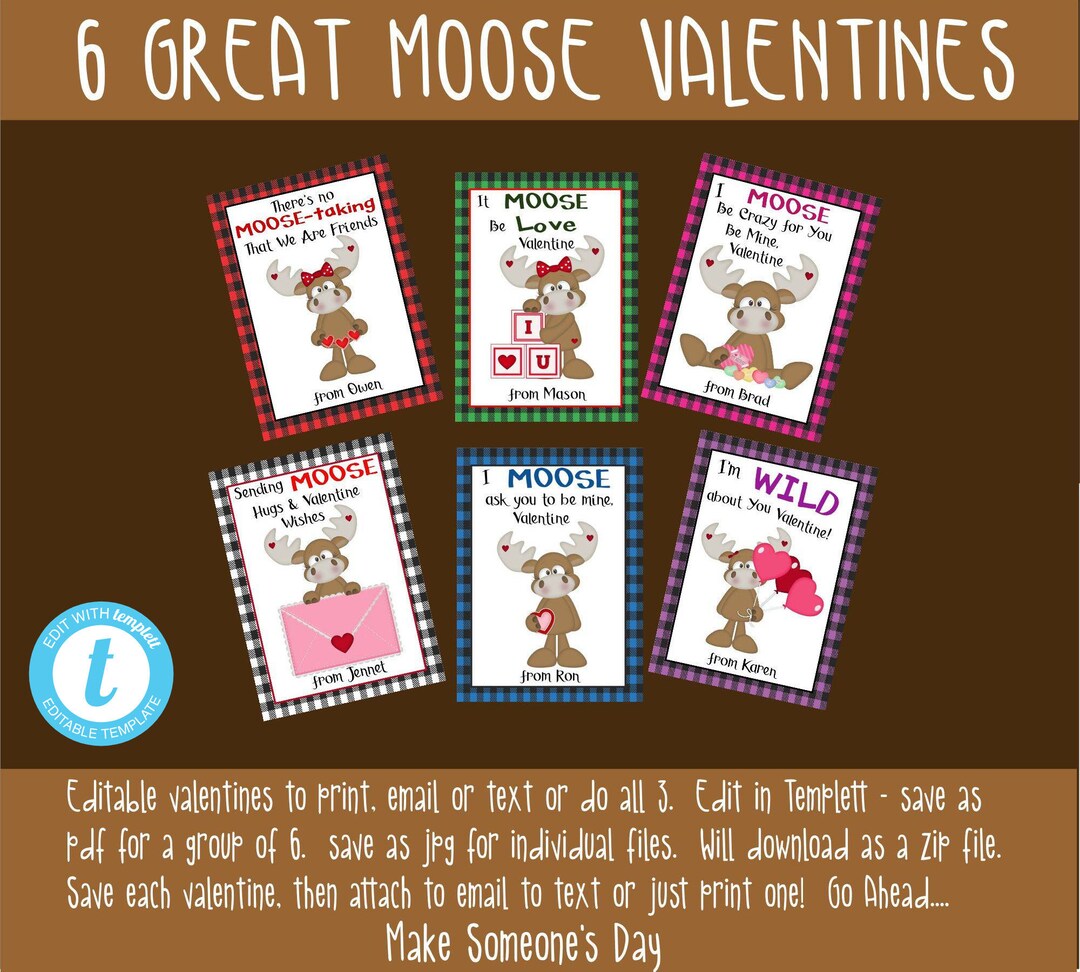 6 GREAT MOOSE Valentine Templates-all Different-edit All - Etsy