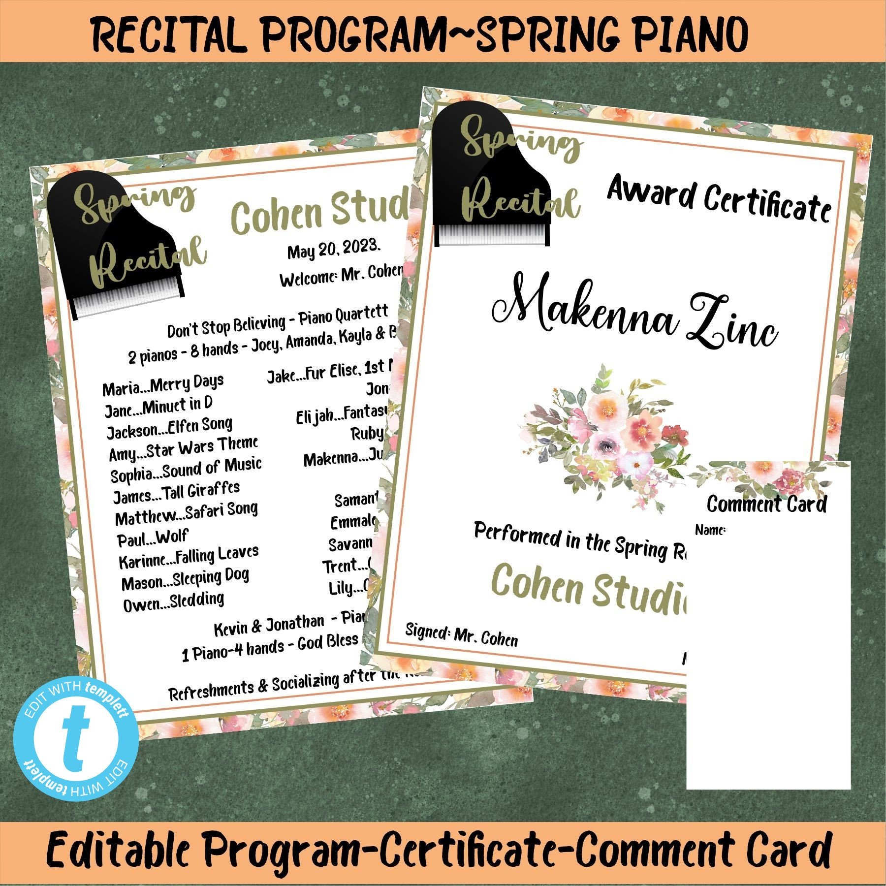 RECITAL Program-spring Piano Program-comment Card-award Certificate ...
