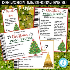 May include: Two printable Christmas piano recital invitations with a festive red and green Christmas tree design. The text on the invitations reads "Christmas Piano Recital" and includes the date, time, and location of the event. The invitations are decorated with musical notes and a piano keyboard.