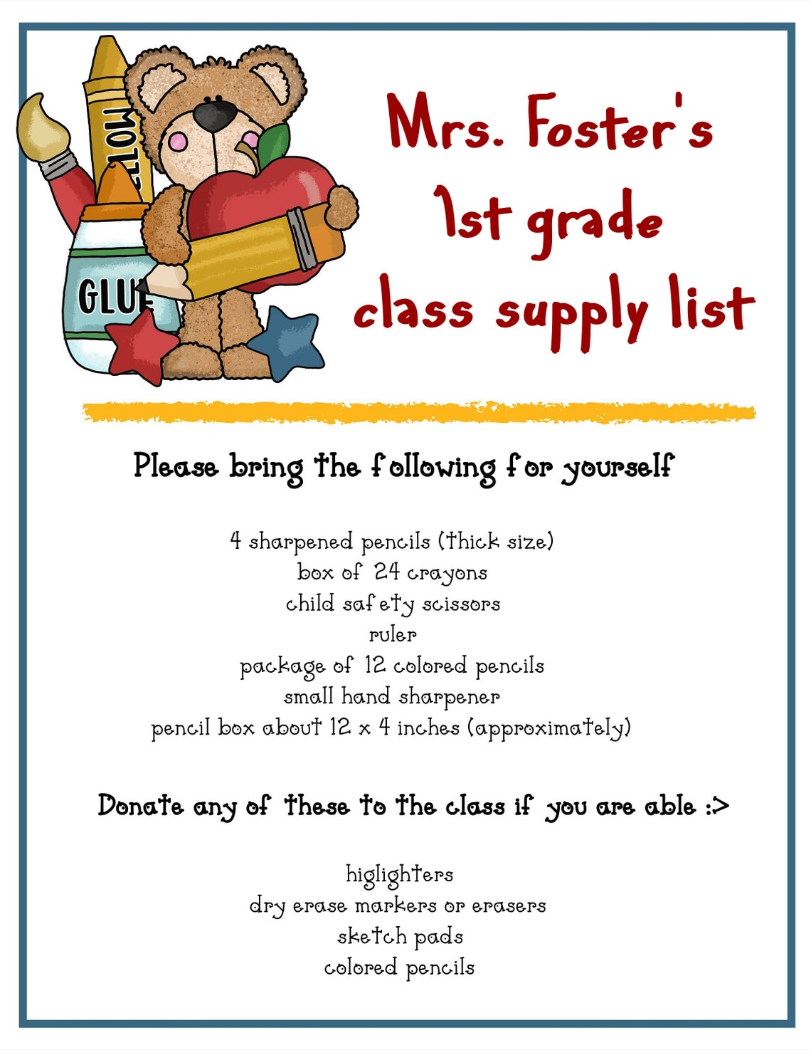 School Classroom Supply List for Teachers cute Bear Template Helps