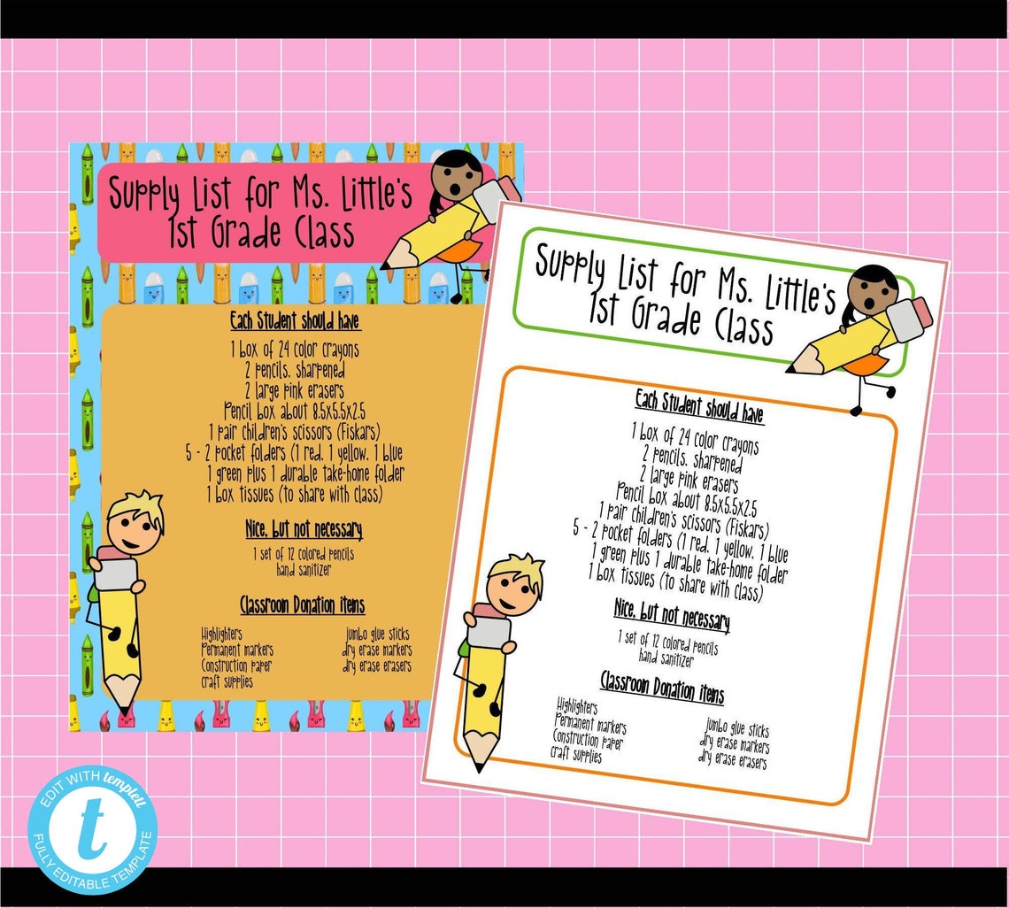 Classroom Supply List Template for Start of School Yeareditable to