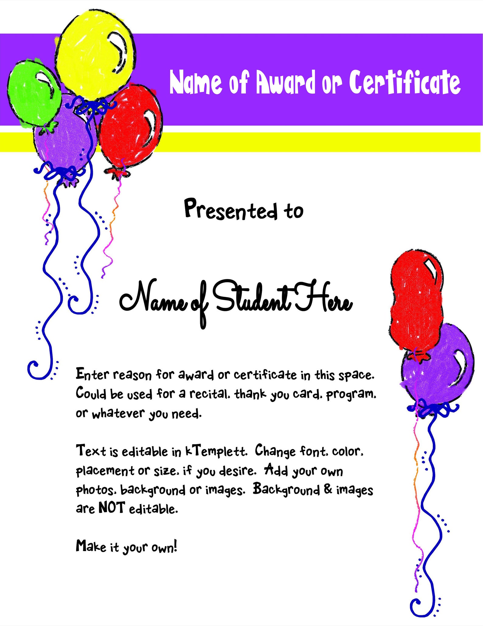 Balloon themed Award CertificatesMusicSchoolHomeAll text Etsy