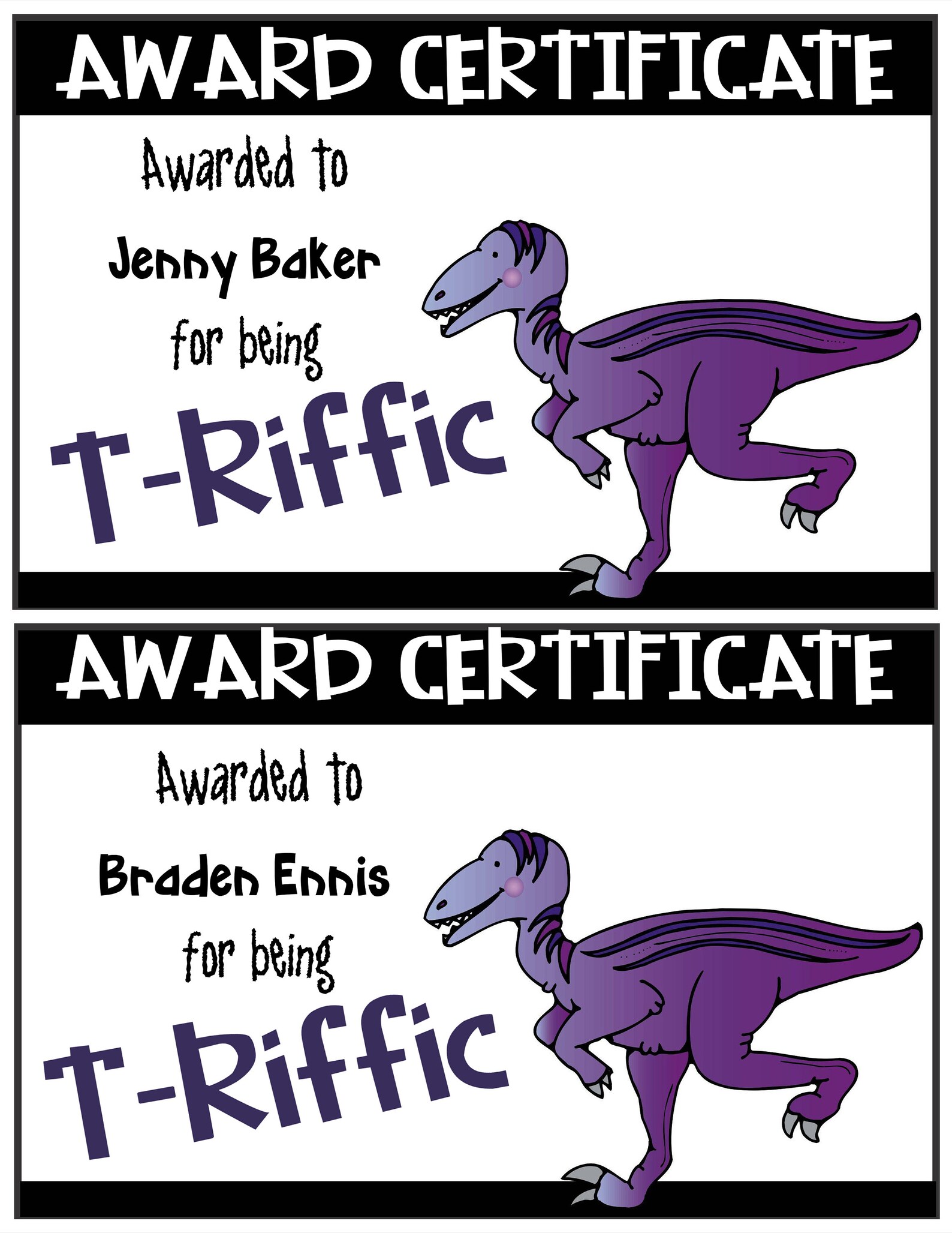 DINOSAUR Award Certificate Template-2 to a page-all text | Etsy