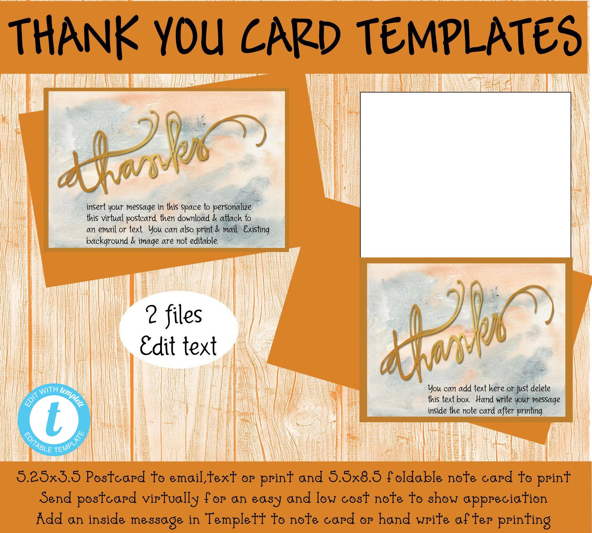 Thank You Card Templates 2 Files 1 Note Card And 1 Virtual Card Etsy