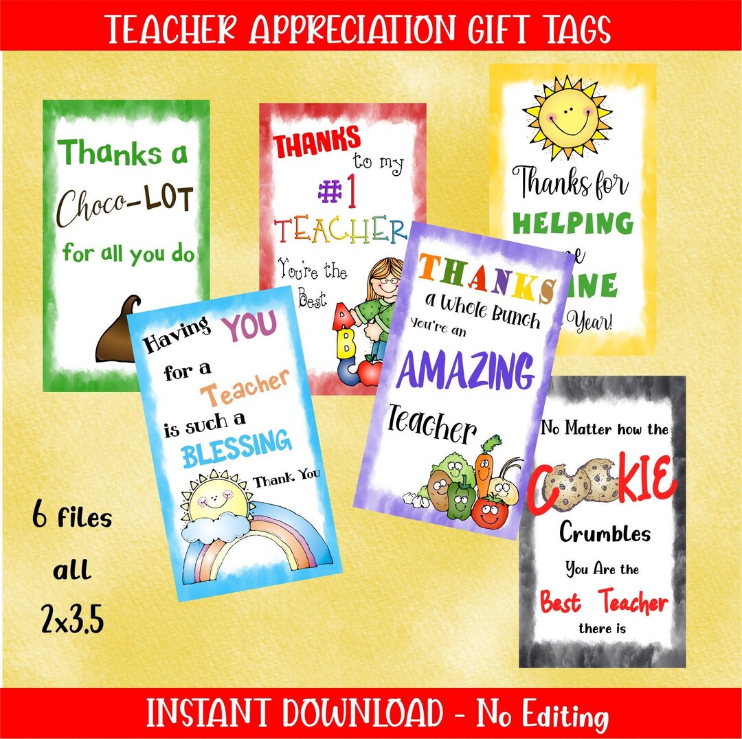Teacher Appreciation Gift Tags: Fun Designs, Printable Tags (digital ...