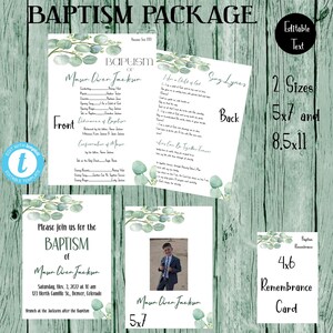 May include: A baptism package featuring a green and white eucalyptus design. The package includes a 5x7 inch invitation, a 5x7 inch photo card, a 4x6 inch remembrance card, and a song lyrics sheet. The invitation text reads "Please join us for the Baptism of Mason Owen Jackson".