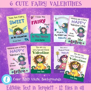 6 Cute FAIRY Valentine Templates-all 6 different-Personalize all text in each one-download & print-2.75x3.75"-kid classrooms-home school