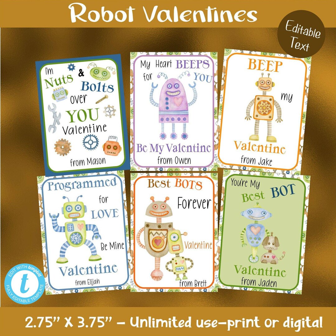 6 ROBOT VALENTINE CARD Templates-all Different With Editable Text to