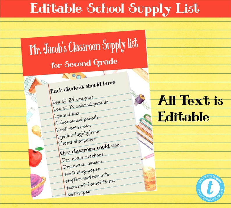 Classroom Supply List for Teachers notebook Paper Themed Template Helps