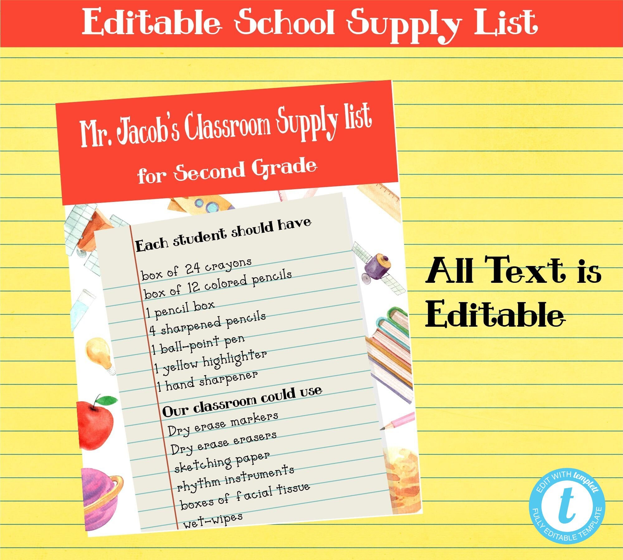 Classroom Supply List for Teachers notebook Paper Themed Template Helps
