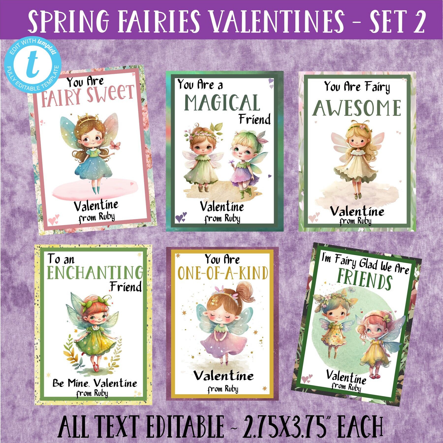 ADORABLE SPRING FAIRY Valentine Templates-6 different styles-editable text-pastel pink & purple-cute fairies-fun settings-magical valentine