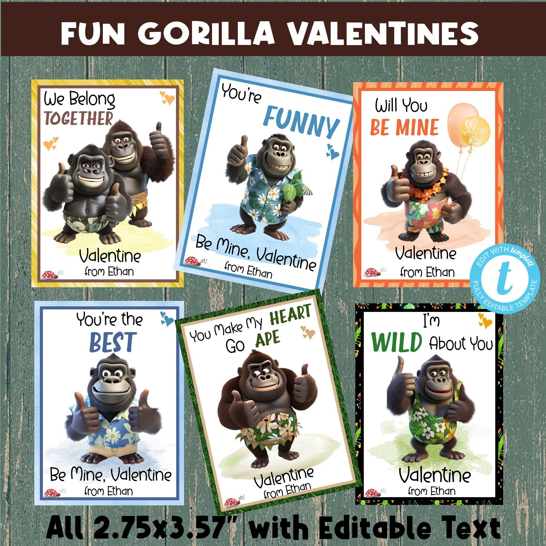 Funny Gorilla Valentine Cards: Editable Text, Tropical Theme
