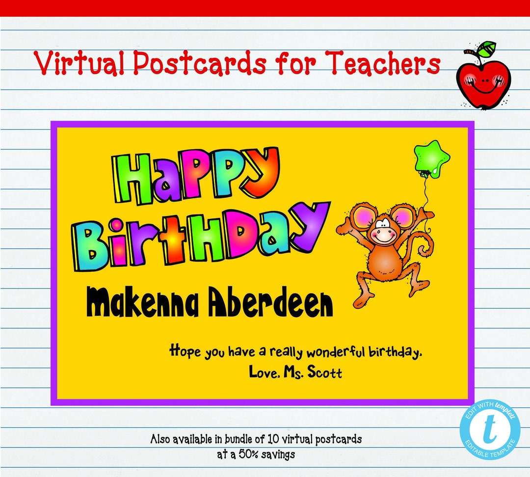 Happy Birthday Virtual Postcard With Cute Monkeyuse in an Etsy