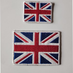 May include: Two rectangular embroidered patches featuring the Union Jack flag design. Each patch displays the iconic red, white, and blue cross and diagonal stripe pattern with a white stitched border, presented in two different sizes for application.