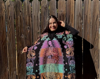 Virgin Mary Mexican Poncho. Elegant Poncho. Traditional Floral Poncho. Winter Shawl. Mexican Gabán. Virgin Mary Poncho. Colorful Poncho