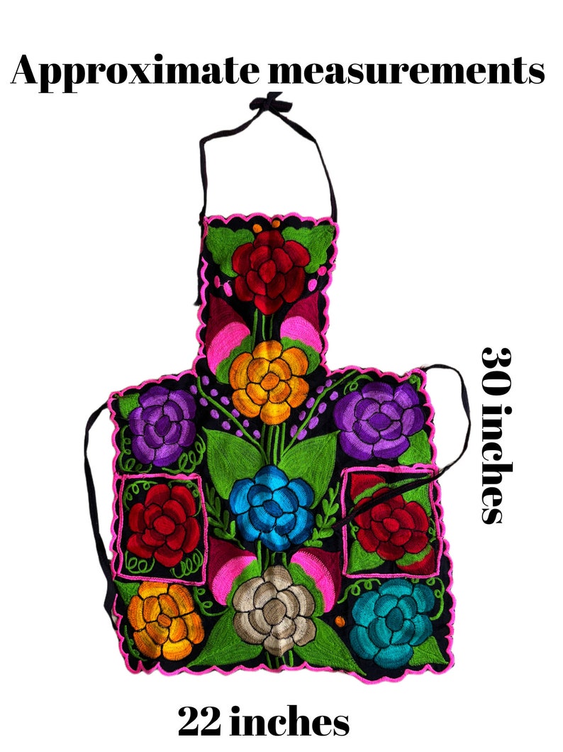 May include: A black apron with colorful embroidered flowers. The apron measures 22 inches wide and 30 inches long.
