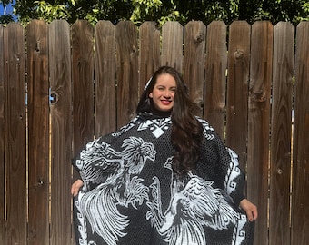 Handmade Aztec Poncho with Hood: Unisex Alpaca Blend Blanket