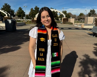 Viva la raza embroidered graduation stole. Mexican  Embroidered Sarape stole .Graduation stash.Mexican graduation stash.