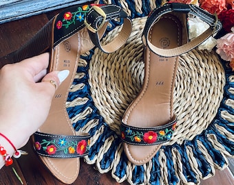 Handmade Floral Embroidered Huarache Wedges: Mexican Leather Heels