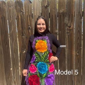 May include: A black apron with colorful embroidered flowers. The apron has a purple trim and two pockets. The model is wearing a black turtleneck shirt. The text "Model 5" is visible in the image.