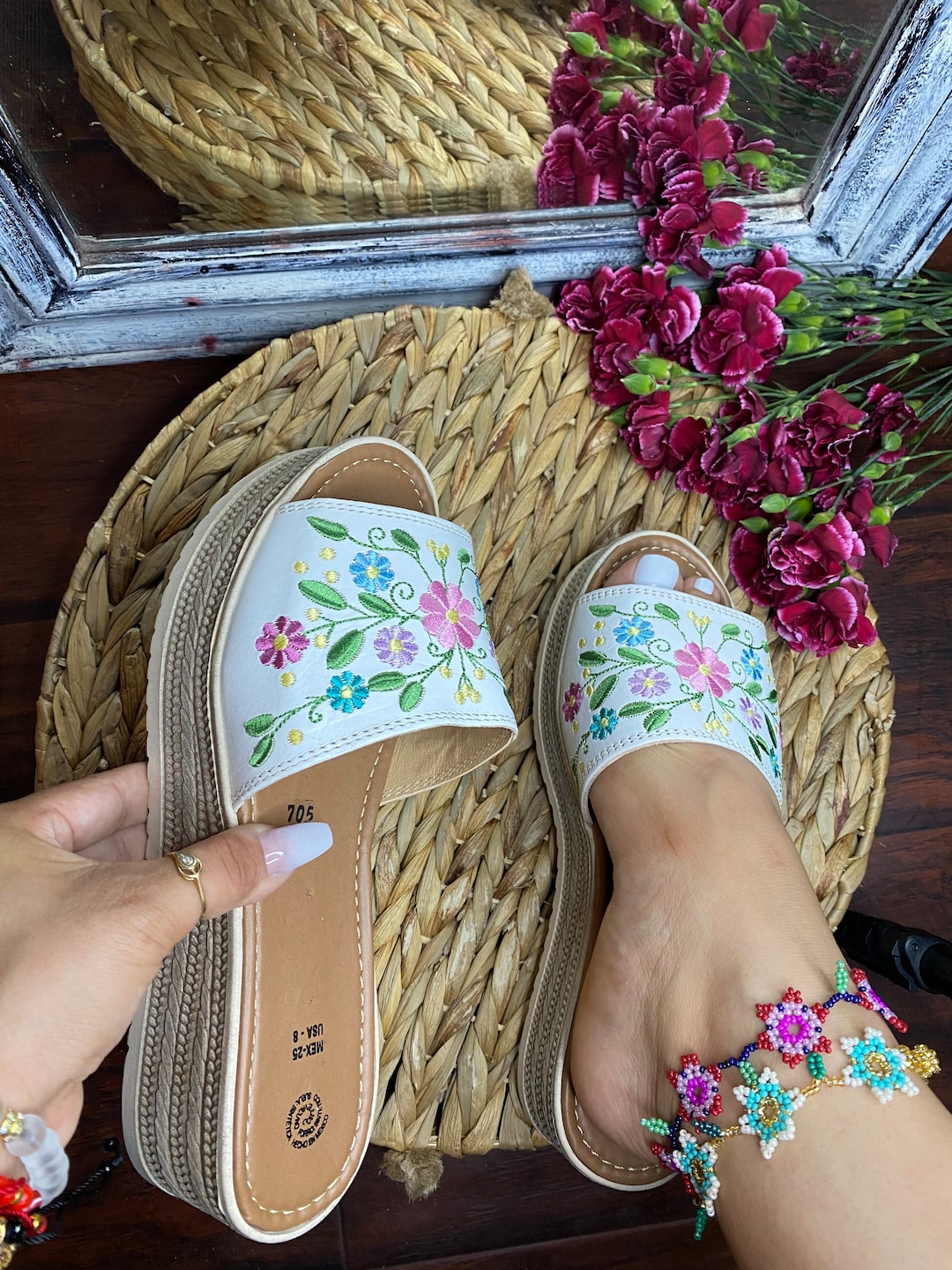 Mexican Embroidered Leather Wedge Sandals: Floral Huarache Heels