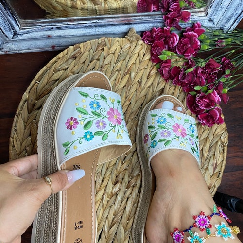 Mexican Embroidered Leather Wedge Sandals: Floral Huarache Heels